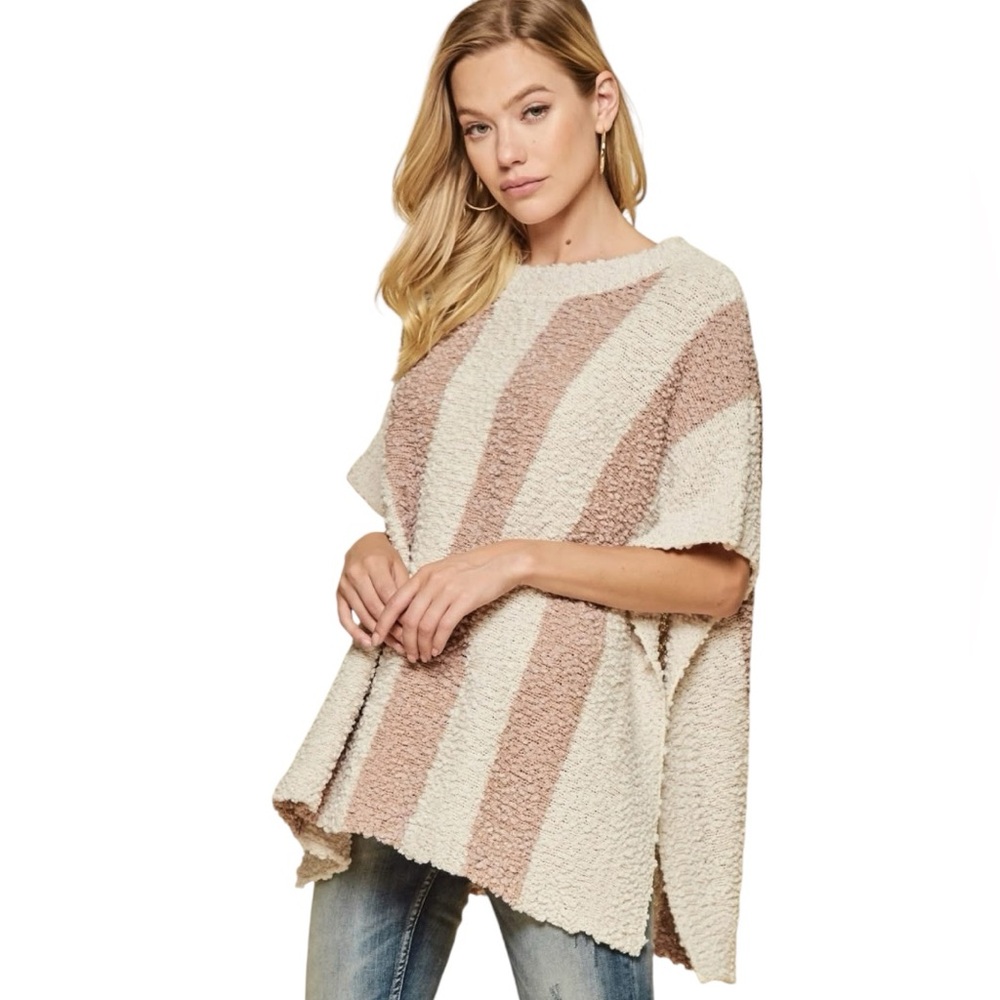 Andrée By Unit Striped Cozy Crew Poncho Sweater Cream And Blush Pink NWT 2x /3x